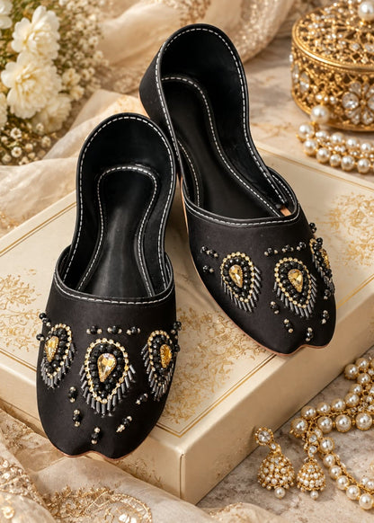 Nawab Collection Black Silk Khussa Flats Online in KSA Riyadh Saudi Arabia Oman Bahrain Qatar