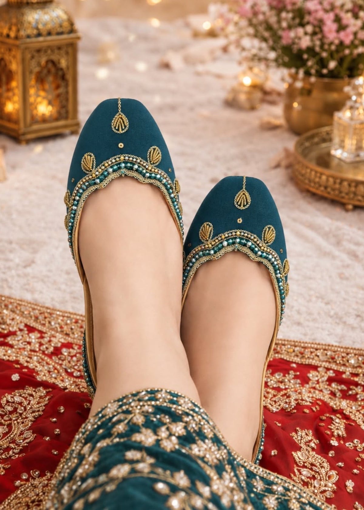 Nawab Collection Yale Blue Silk Khussa Online in KSA Riyadh Saudi Arabia Oman Bahrain Qatar