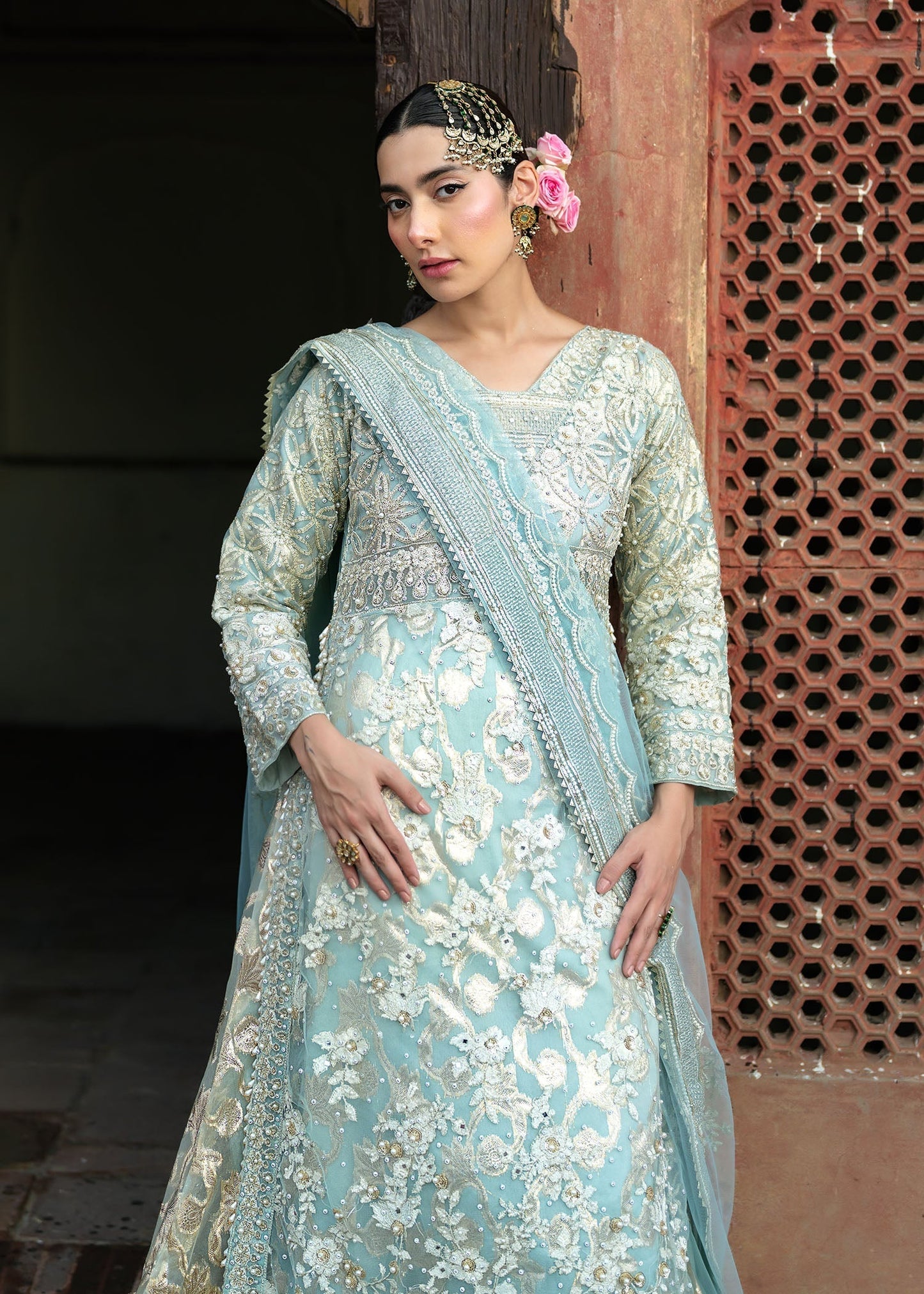 Net Jamawar Lehenga Sky Blue Formal Wear Online in Sri Lanka India Australia