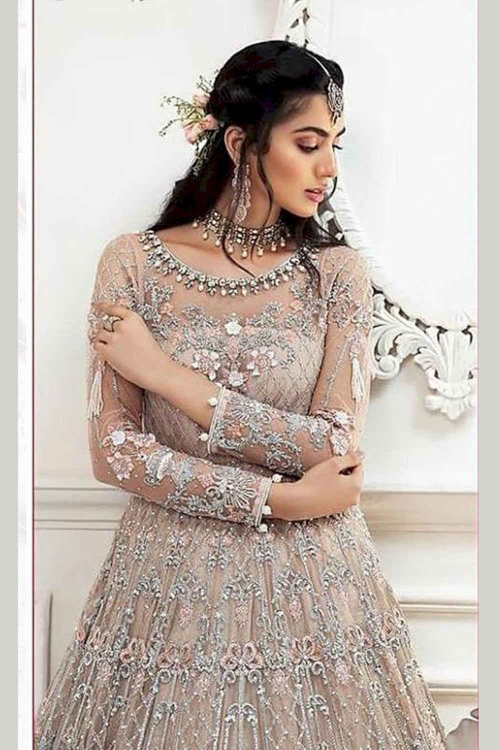 Peach Pink Soft Net Anarkali