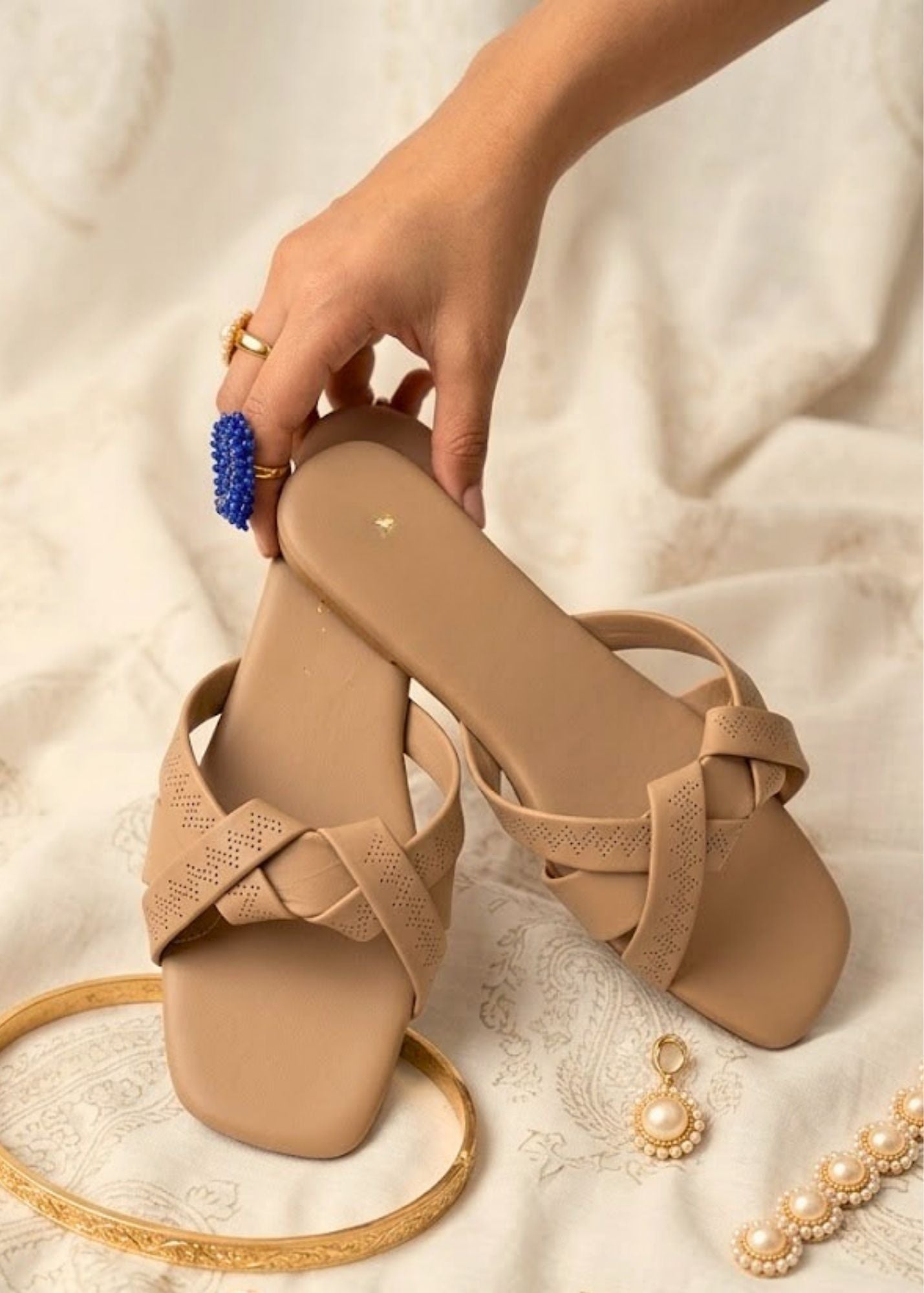 Neutral Toned PU Leather Flats with Laser Cut Detailing Online in UK USA Canada