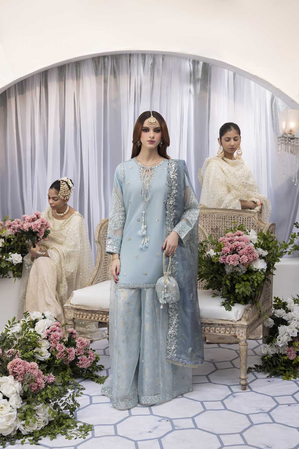Baby Blue Embellished Organza Sharara