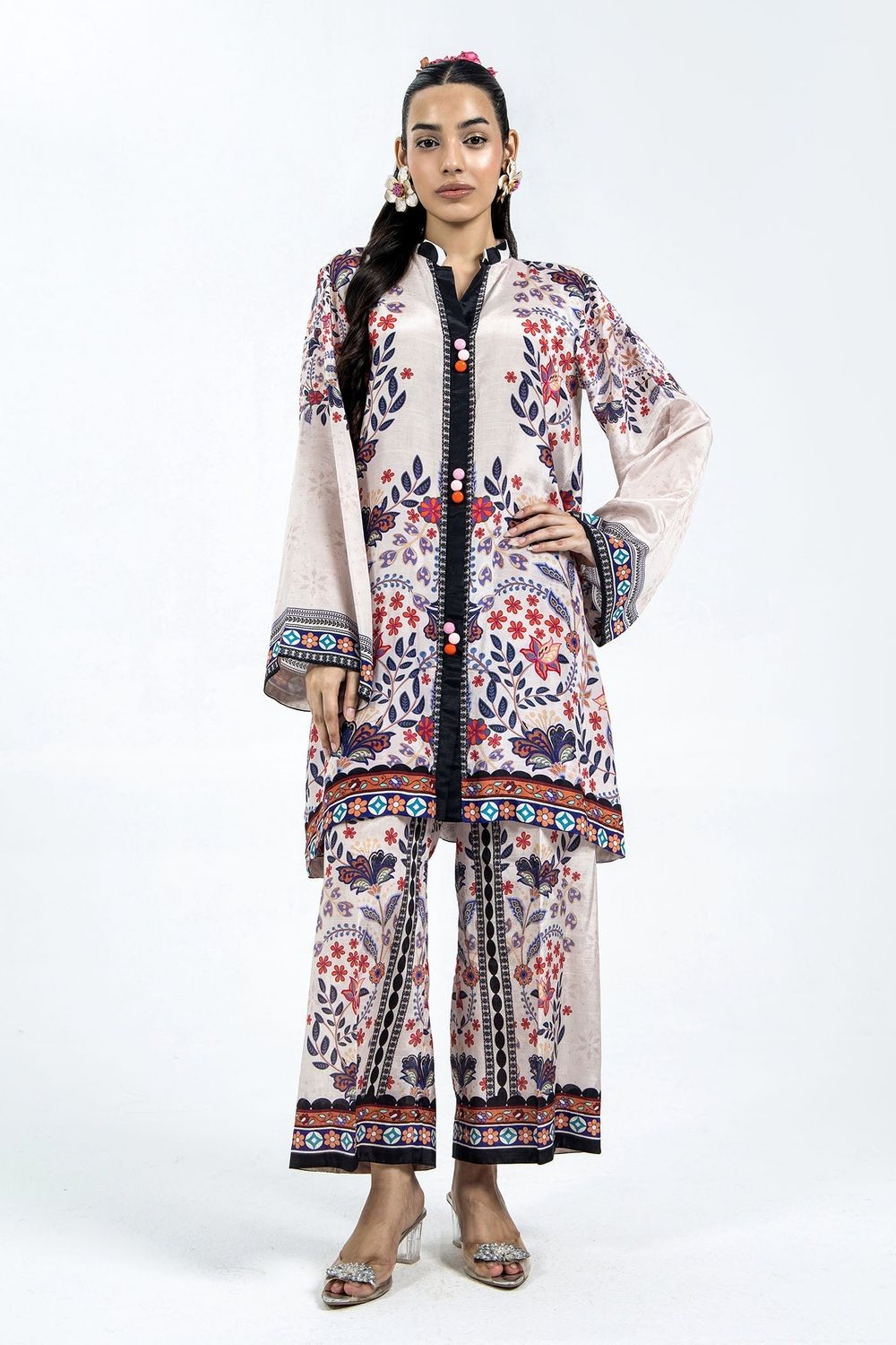 Nude Pink Digital Print Raw Silk Kurta Set Online in Dubai UAE Abudhabi Ajman Sharjah
