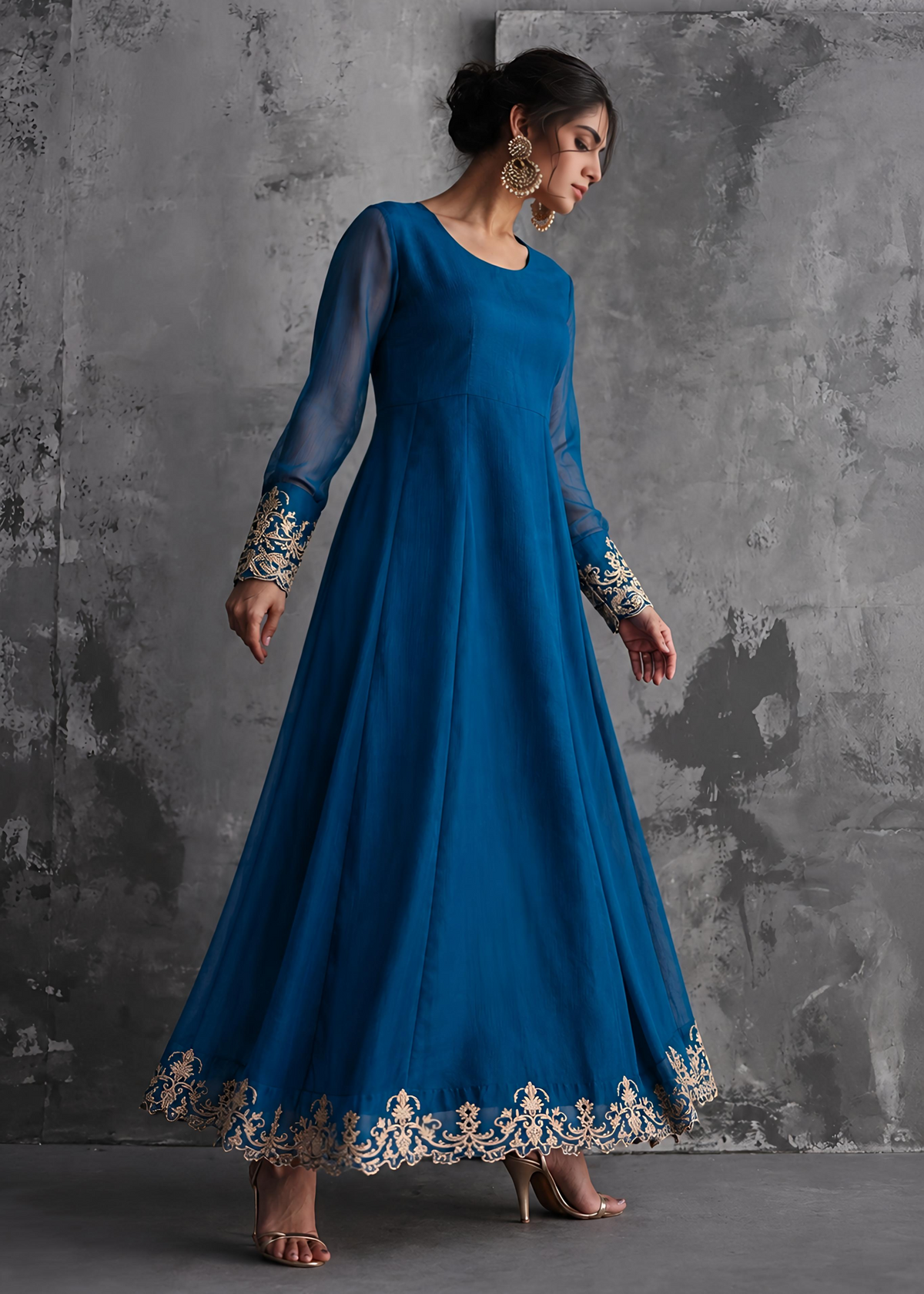 Ocean Blue Chiffon Embroidered Maxi Online in Sri Lanka India Australia