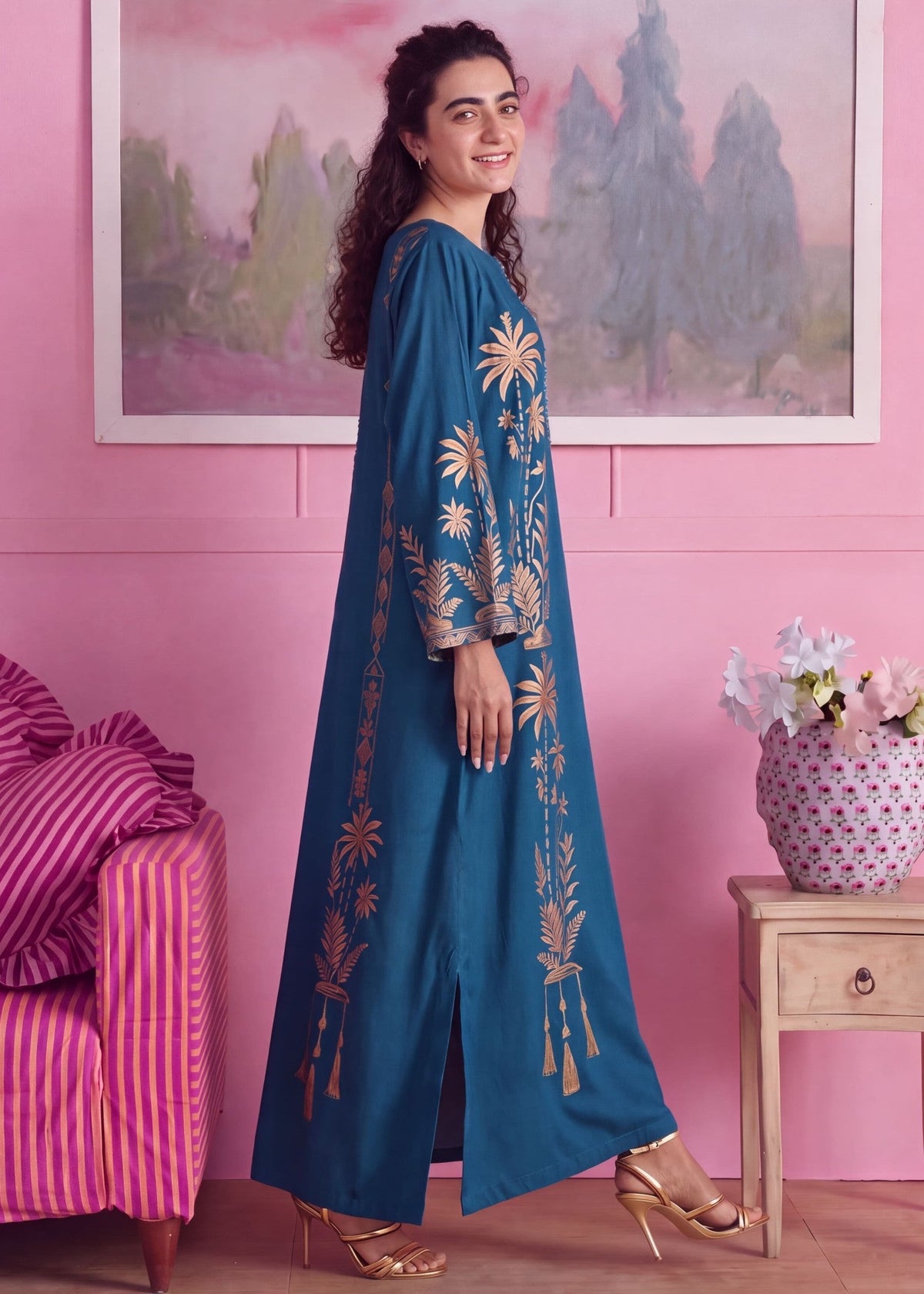 Ocean Blue Embellished Linen Kaftan Online in Dubai DXB UAE Abudhabi Meena Bazaar