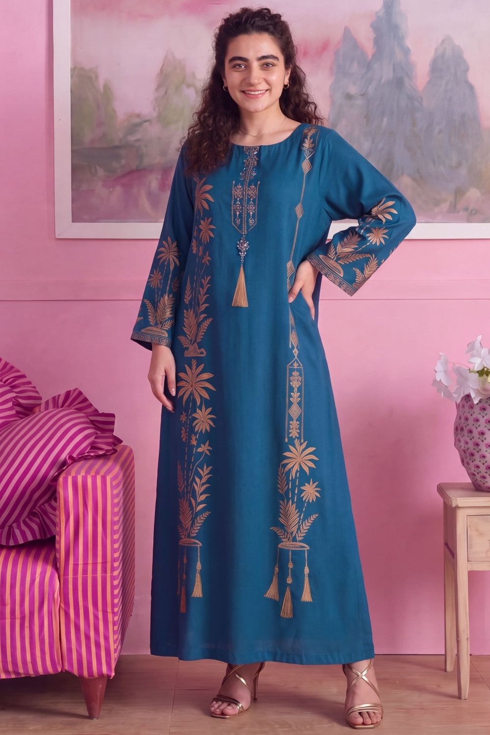 Ocean Blue Embellished Linen Kaftan Online in Dubai UAE Abudhabi Ajman Sharjah