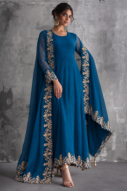 Ocean Blue Embroidered Chiffon Maxi Online in Dubai UAE Abudhabi Ajman Sharjah