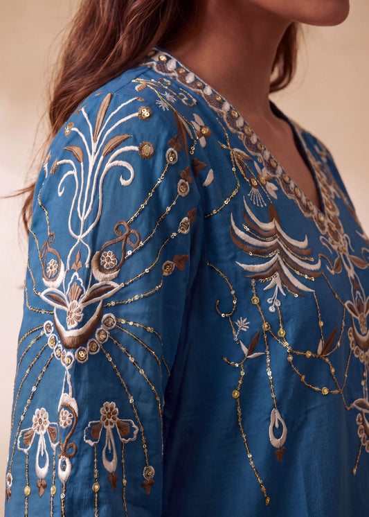 Ocean Blue Embroidered Dhanak Kurta Set Online in Dubai DXB UAE Abudhabi Meena Bazaar