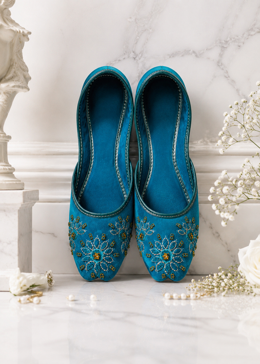 Ocean Blue Embroidered Khussa Wedding Shoes Online in UK USA Canada