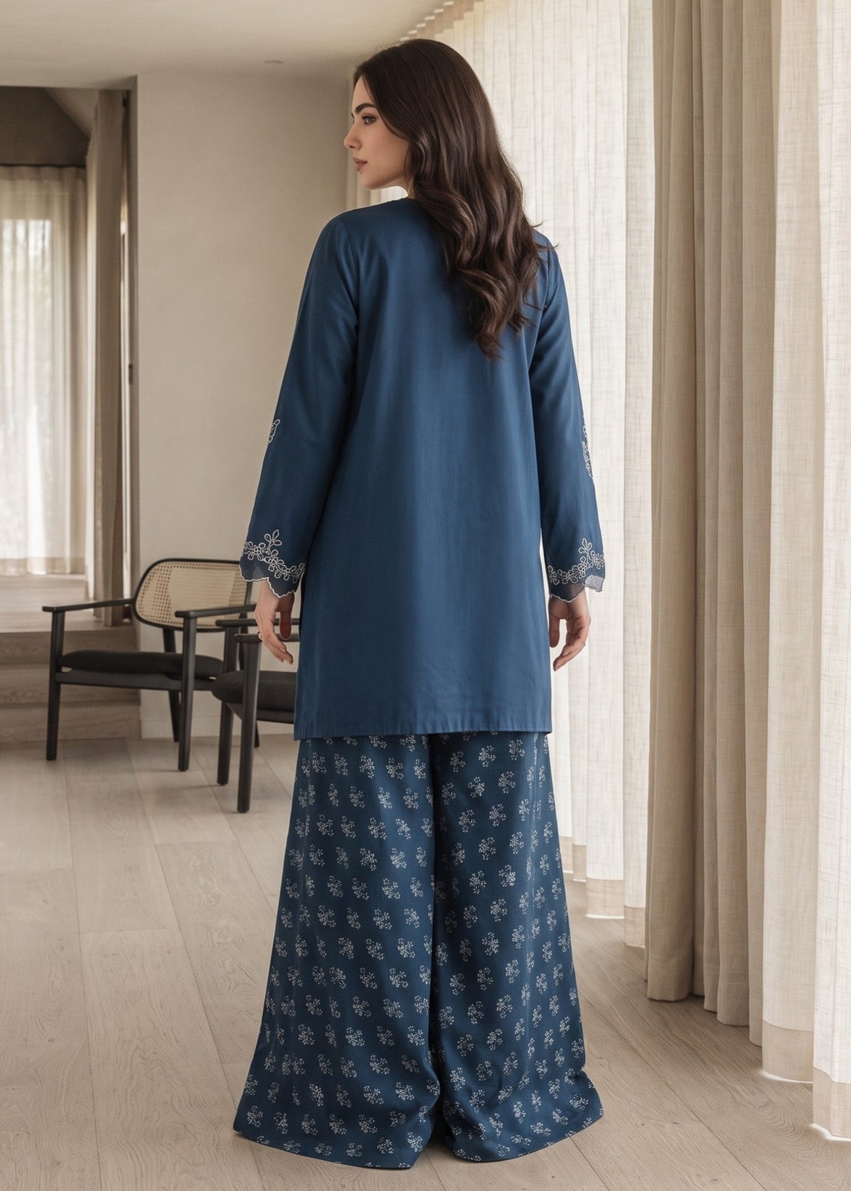 Ocean Blue Embroidered Lawn Cotton Kurta Set Online in Dubai DXB UAE Abudhabi Meena Bazaar