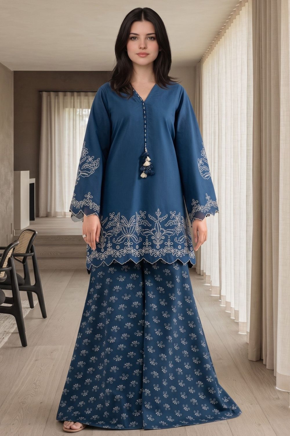Ocean Blue Embroidered Lawn Cotton Kurta Set Online in Dubai UAE Abudhabi Ajman Sharjah