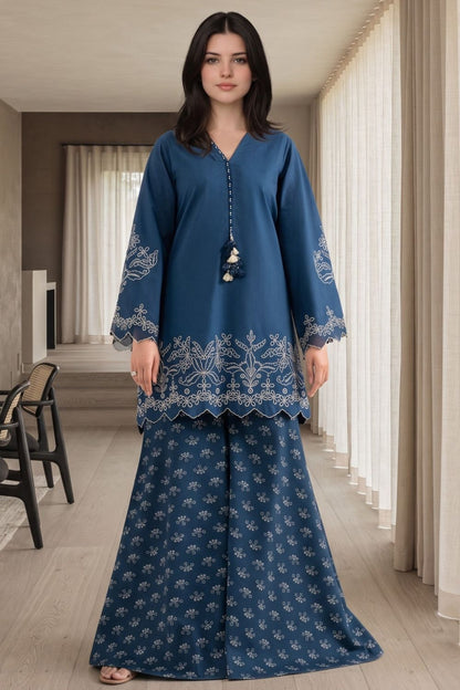 Ocean Blue Embroidered Lawn Cotton Kurta Set Online in Dubai UAE Abudhabi Ajman Sharjah