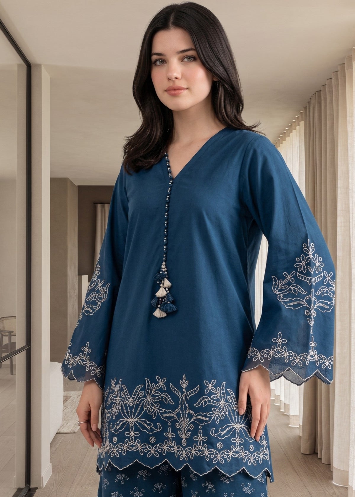 Ocean Blue Embroidered Lawn Cotton Kurta Set Online in Dubai UAE Abudhabi Ajman Sharjah