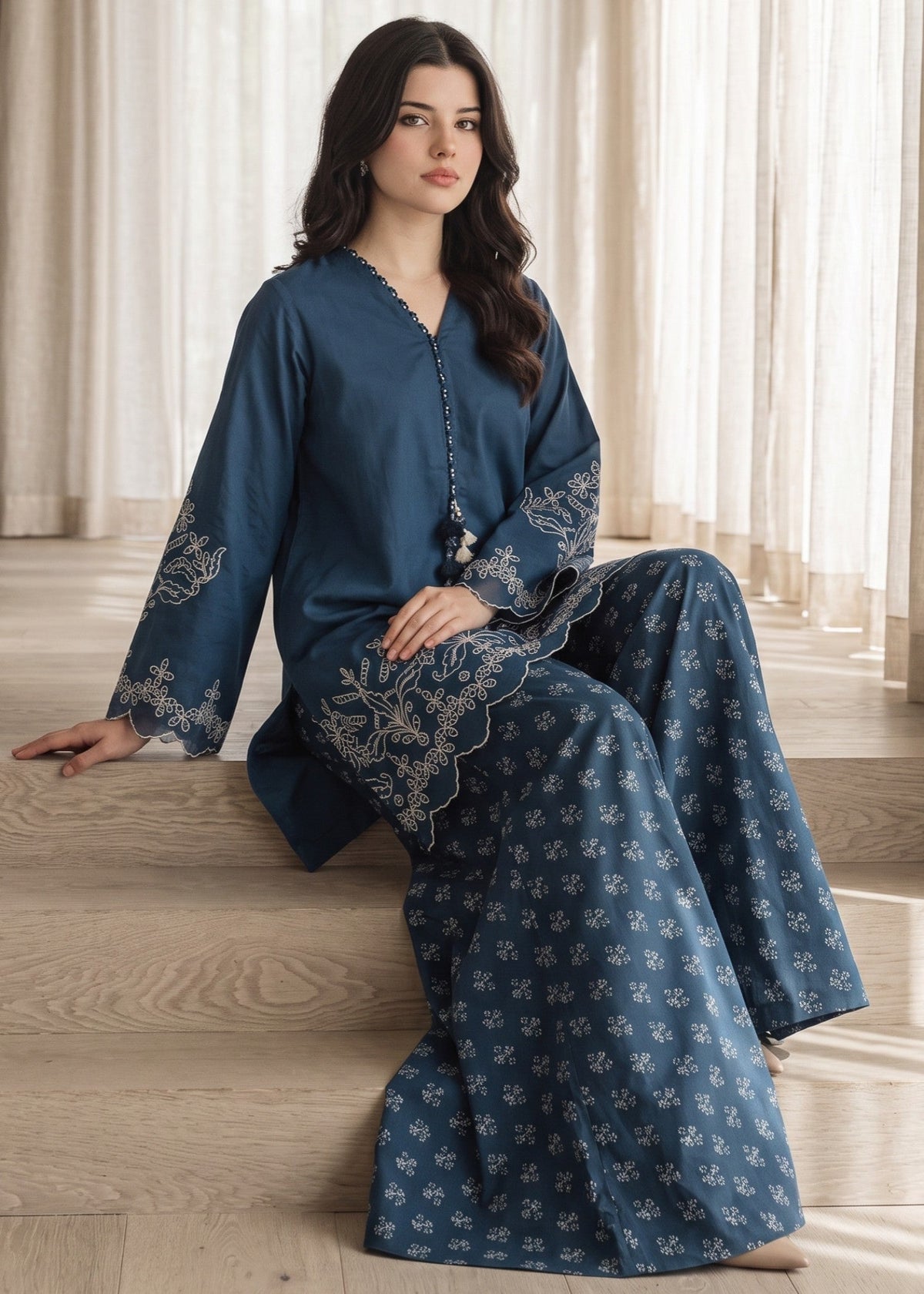 Ocean Blue Embroidered Lawn Cotton Plazzo Kurta Set Online in UK USA Canada