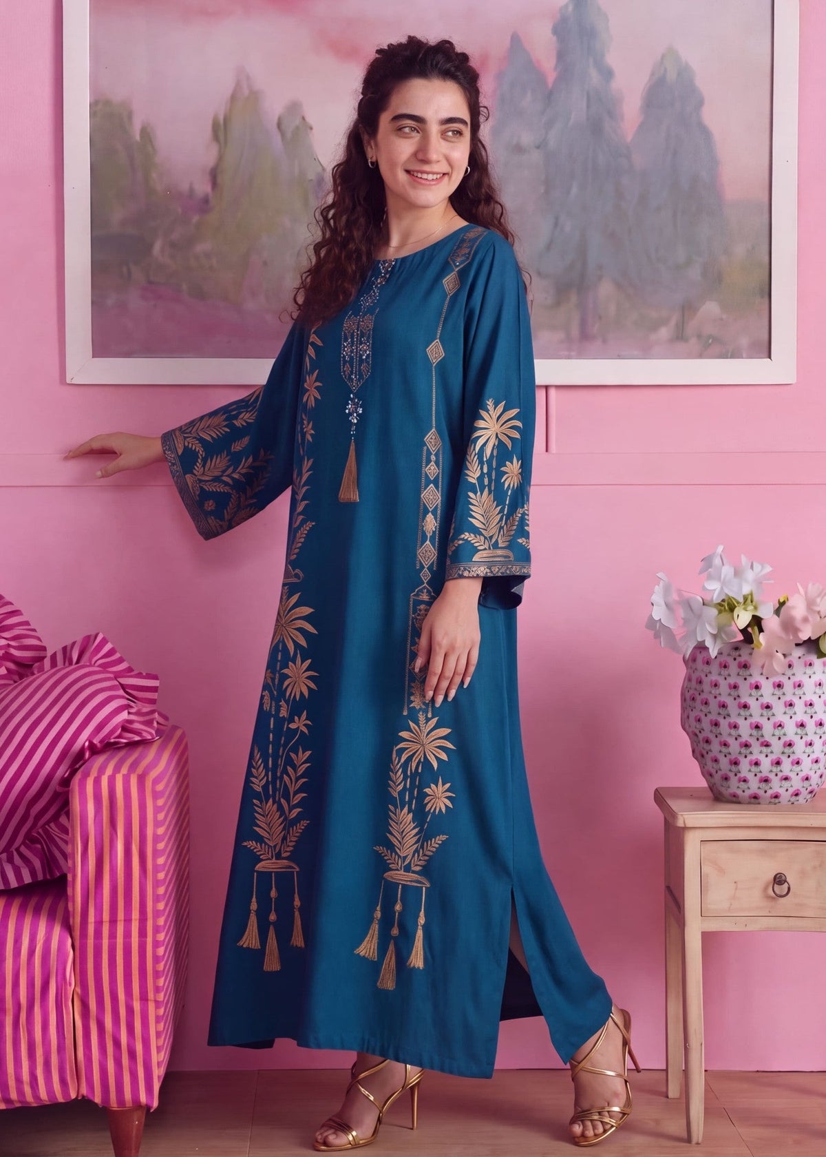 Ocean Blue Linen Kaftan Winter Wear Online in Dubai UAE Abudhabi Ajman Sharjah