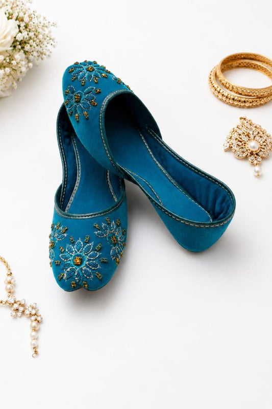 Ocean Blue Velvet Khussa Ladies Ethnic Shoes Online in Dubai UAE Abudhabi Ajman Sharjah