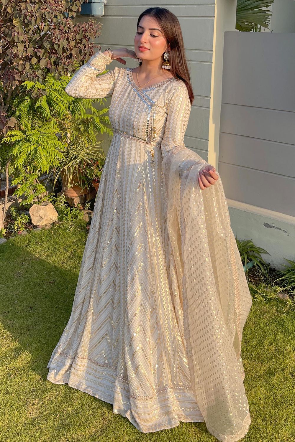 Off-White Chiffon Angrakha Partywear Suit Online in Dubai UAE Abudhabi Ajman Sharjah