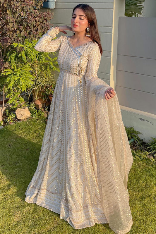 Off-White Chiffon Angrakha Partywear Suit Online in Dubai UAE Abudhabi Ajman Sharjah