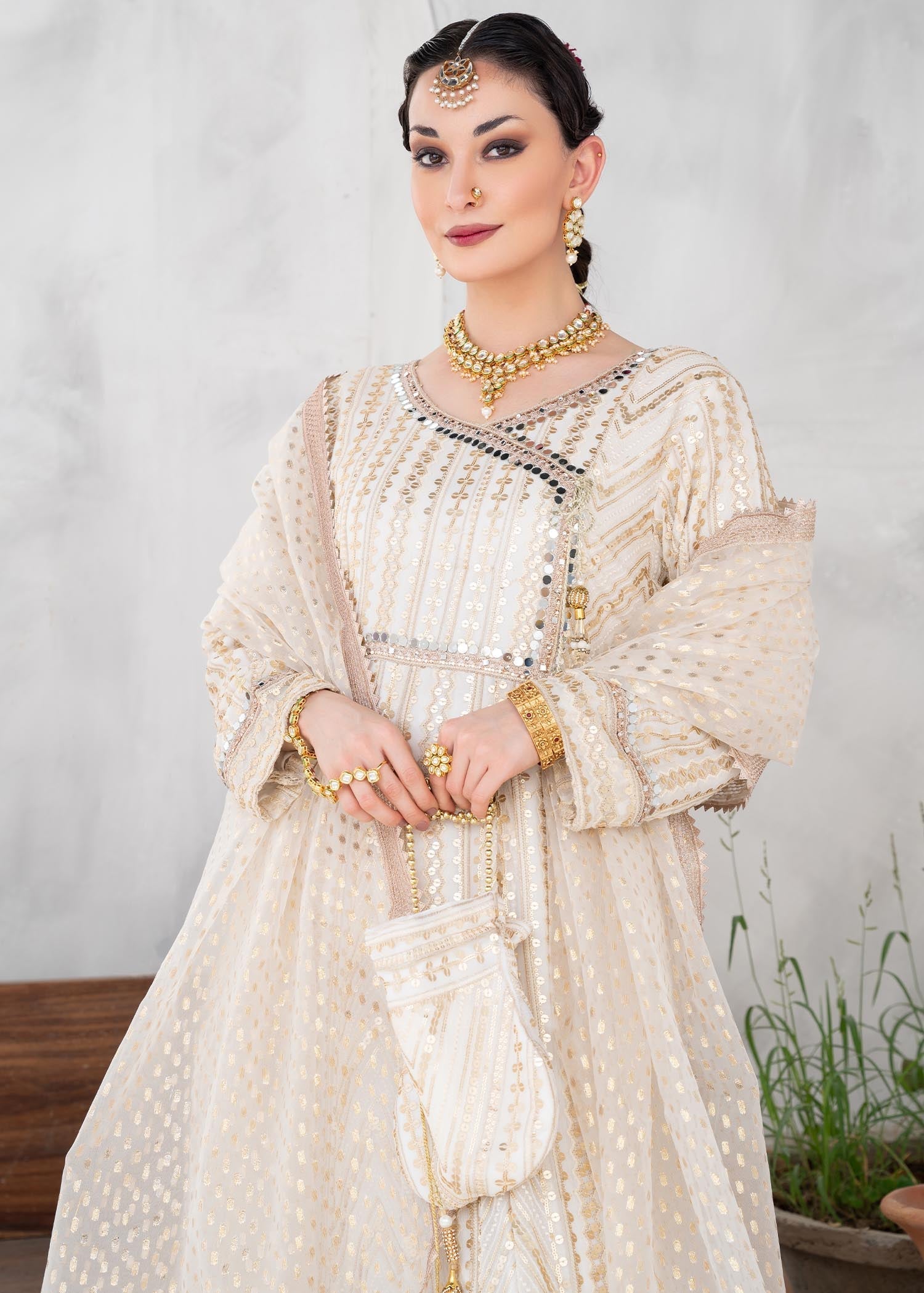Off-White Chiffon Angrakha Partywear Suit Online in Dubai UAE Abudhabi Ajman Sharjah