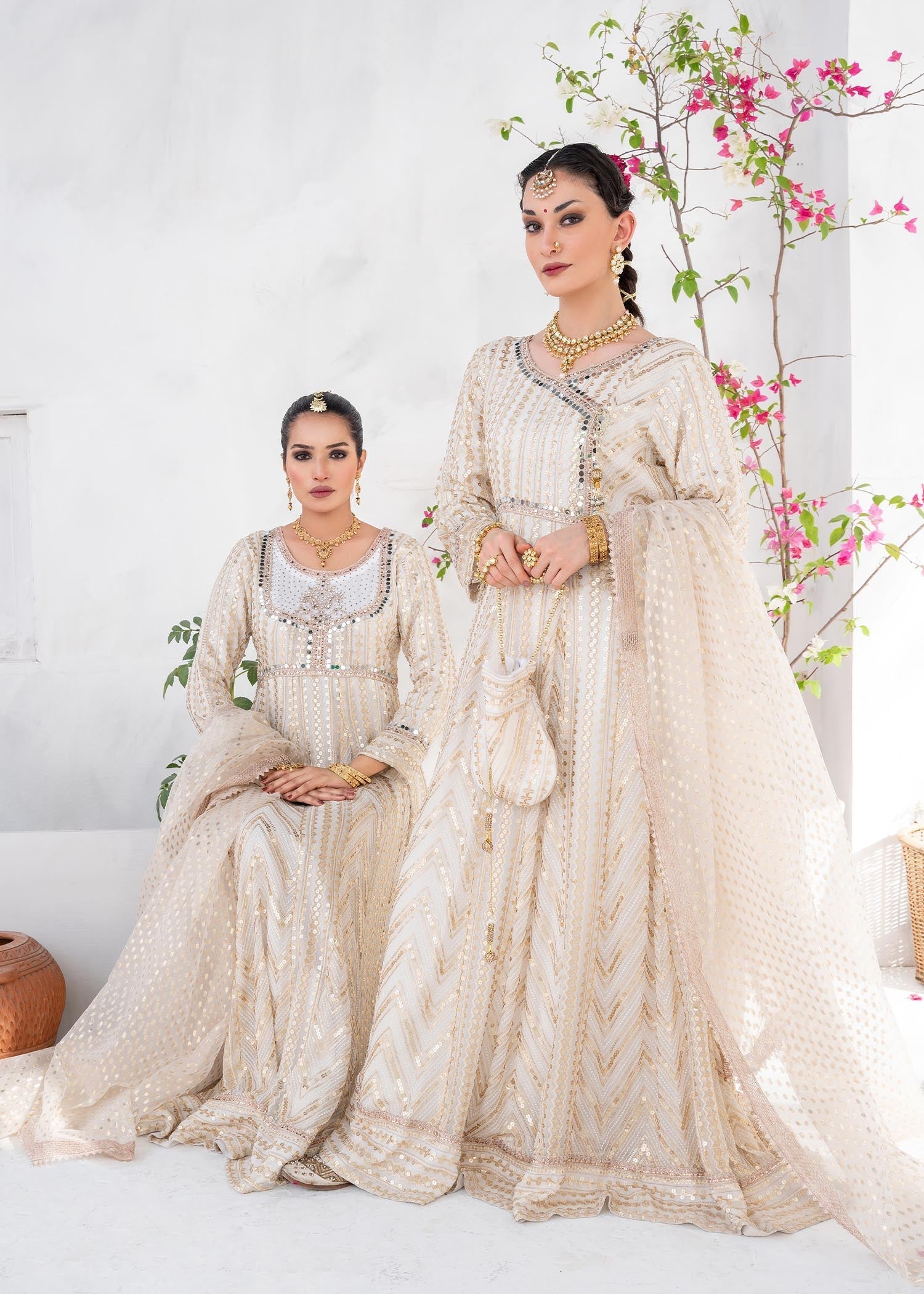 Off-White Chiffon Angrakha Partywear Suit Online in Dubai UAE Abudhabi Ajman Sharjah