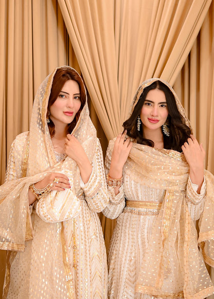 Off-White Chiffon Angrakha Partywear Suit Online in Dubai UAE Abudhabi Ajman Sharjah