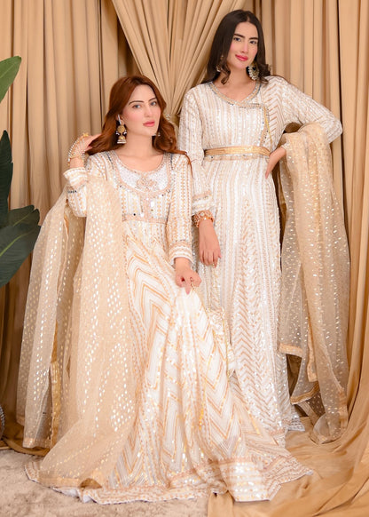 Off-White Chiffon Angrakha Partywear Suit Online in Dubai UAE Abudhabi Ajman Sharjah
