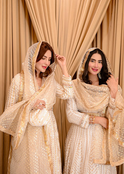 Off-White Chiffon Angrakha Partywear Suit Online in Dubai UAE Abudhabi Ajman Sharjah