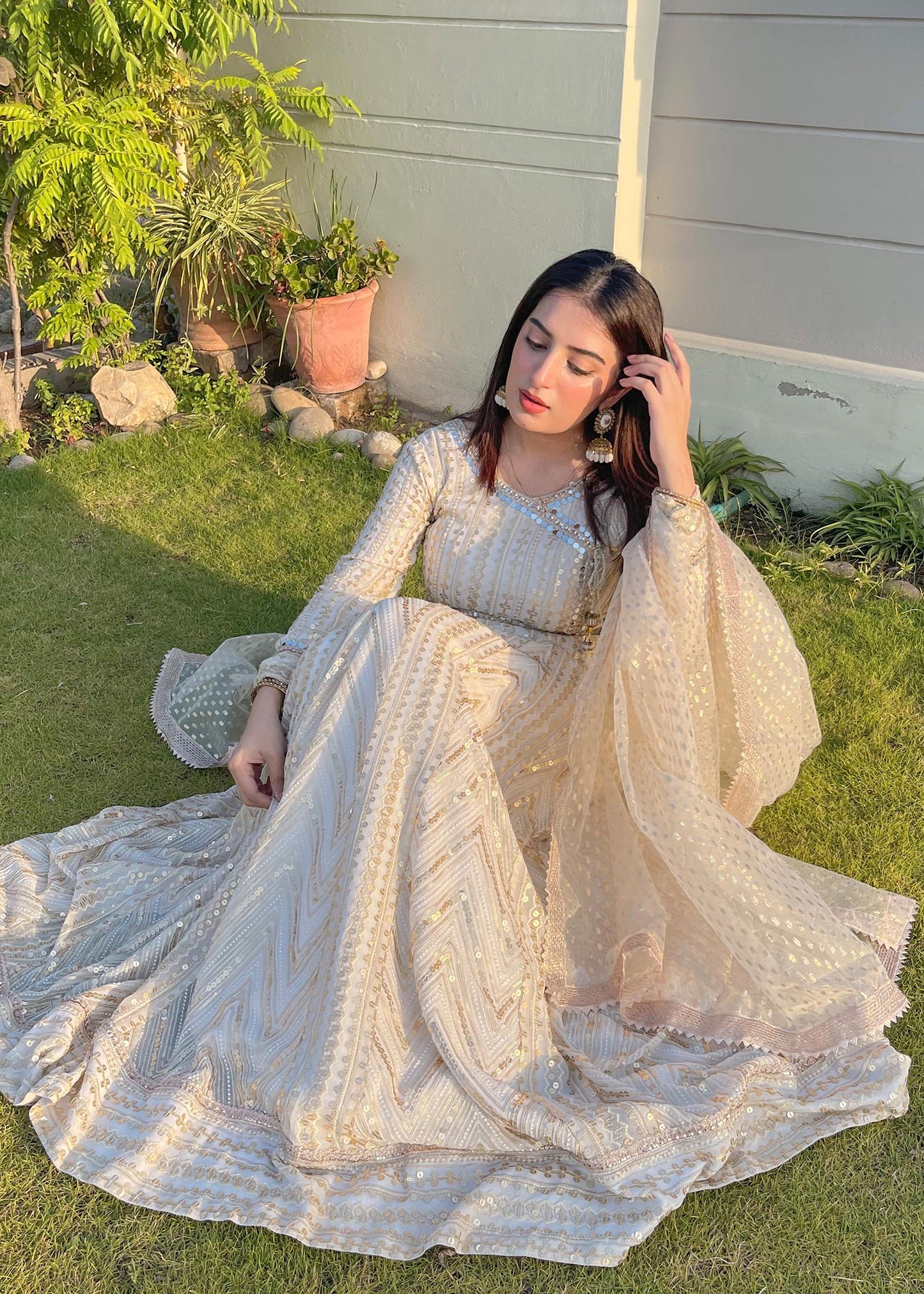 Off-White Chiffon Angrakha Partywear Suit Online in Dubai UAE Abudhabi Ajman Sharjah