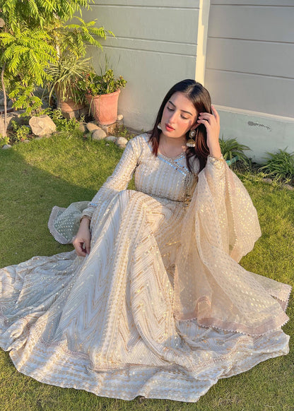 Off-White Chiffon Angrakha Partywear Suit Online in Dubai UAE Abudhabi Ajman Sharjah