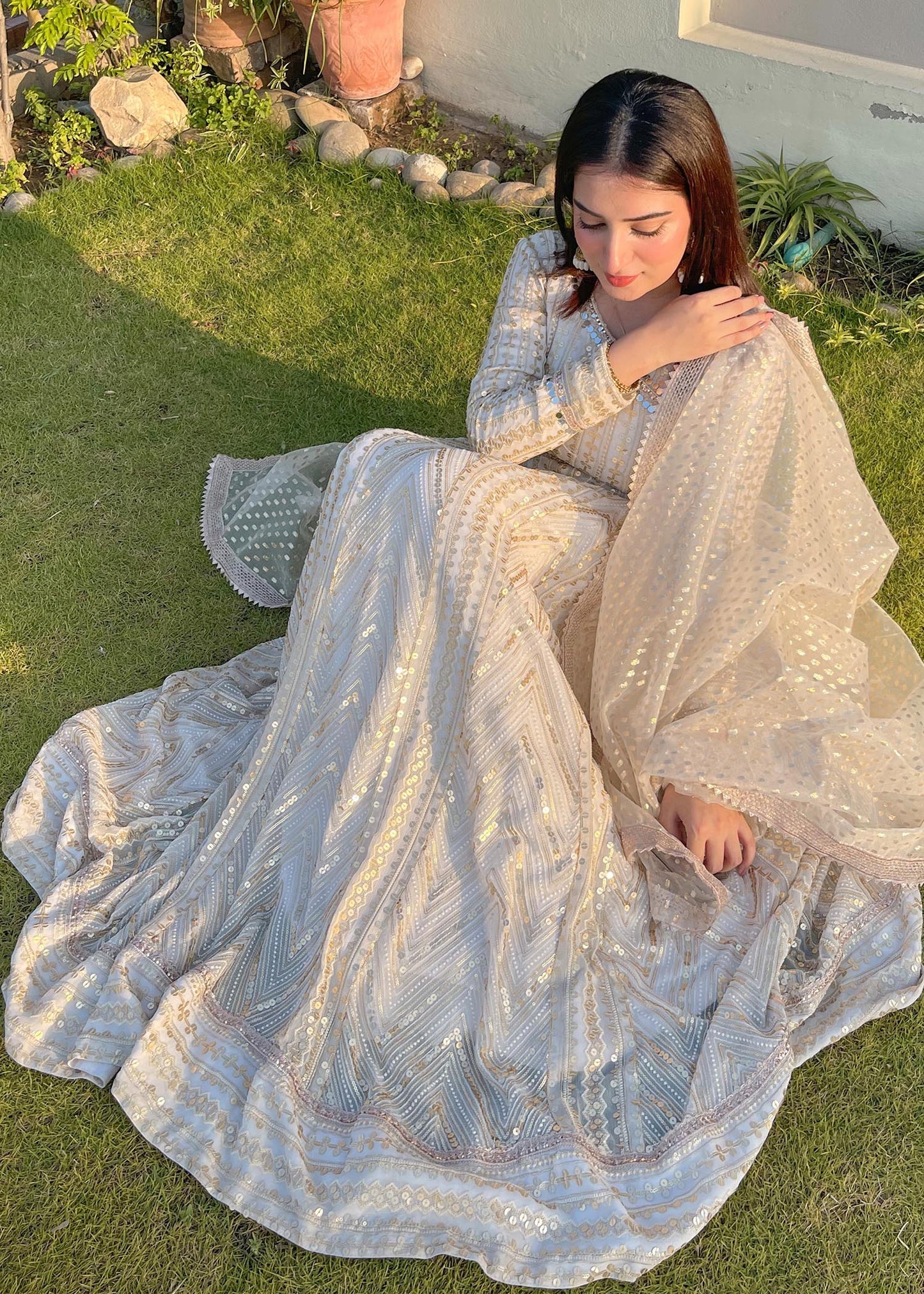 Off-White Chiffon Angrakha Partywear Suit Online in Dubai UAE Abudhabi Ajman Sharjah