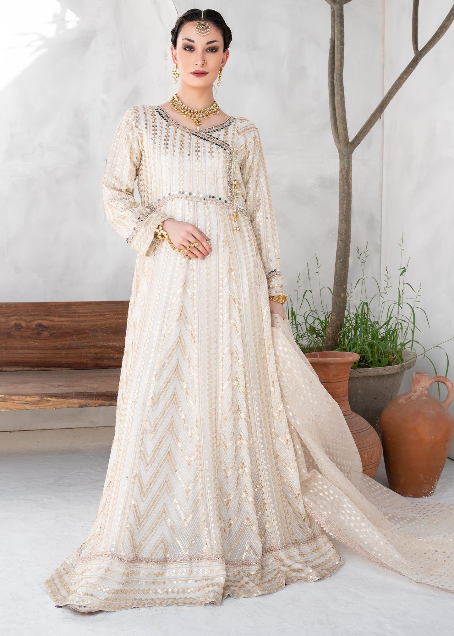 Off-White Chiffon Angrakha Partywear Suit Online in Dubai UAE Abudhabi Ajman Sharjah