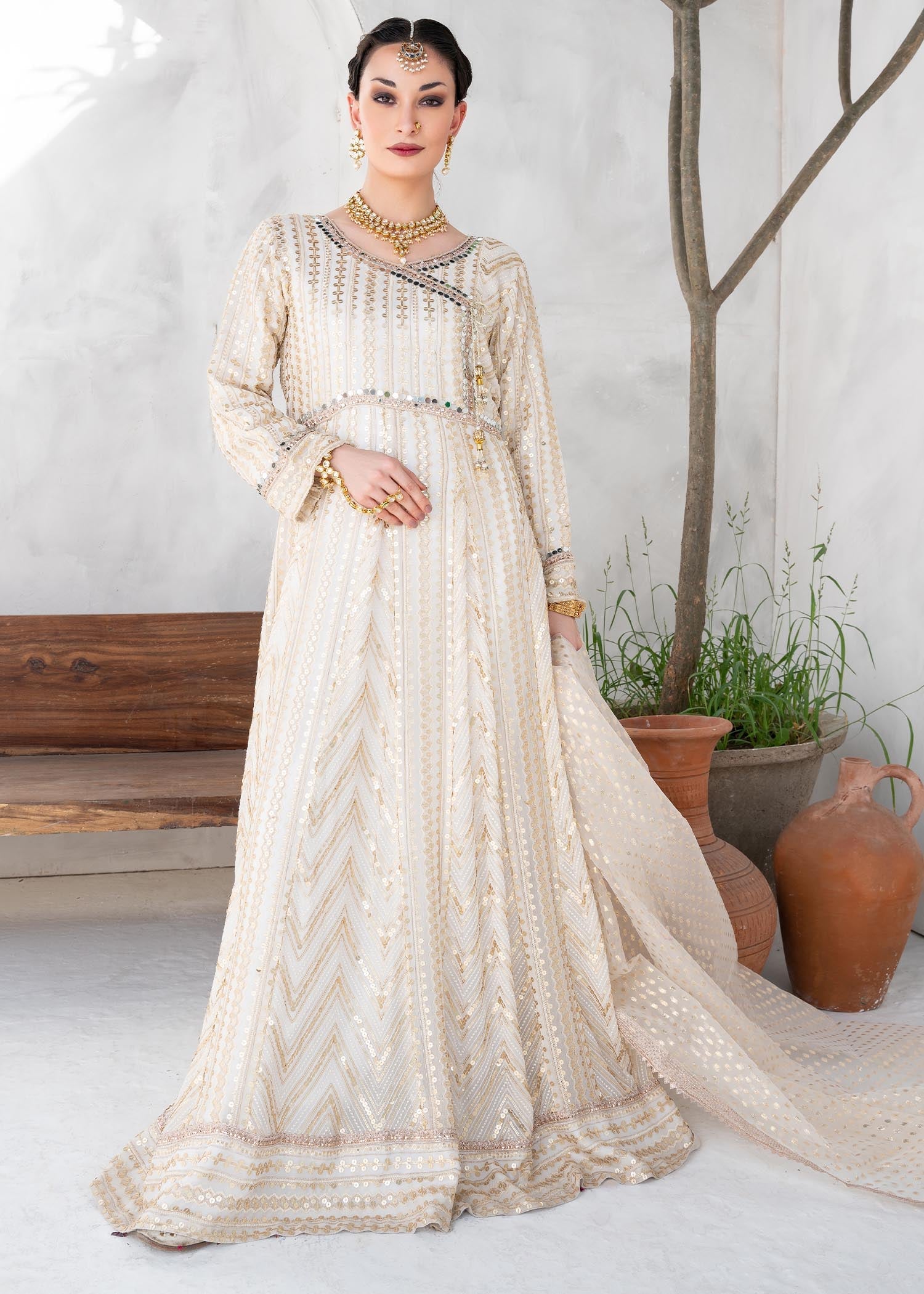 Off-White Chiffon Angrakha Partywear Suit Online in Dubai UAE Abudhabi Ajman Sharjah