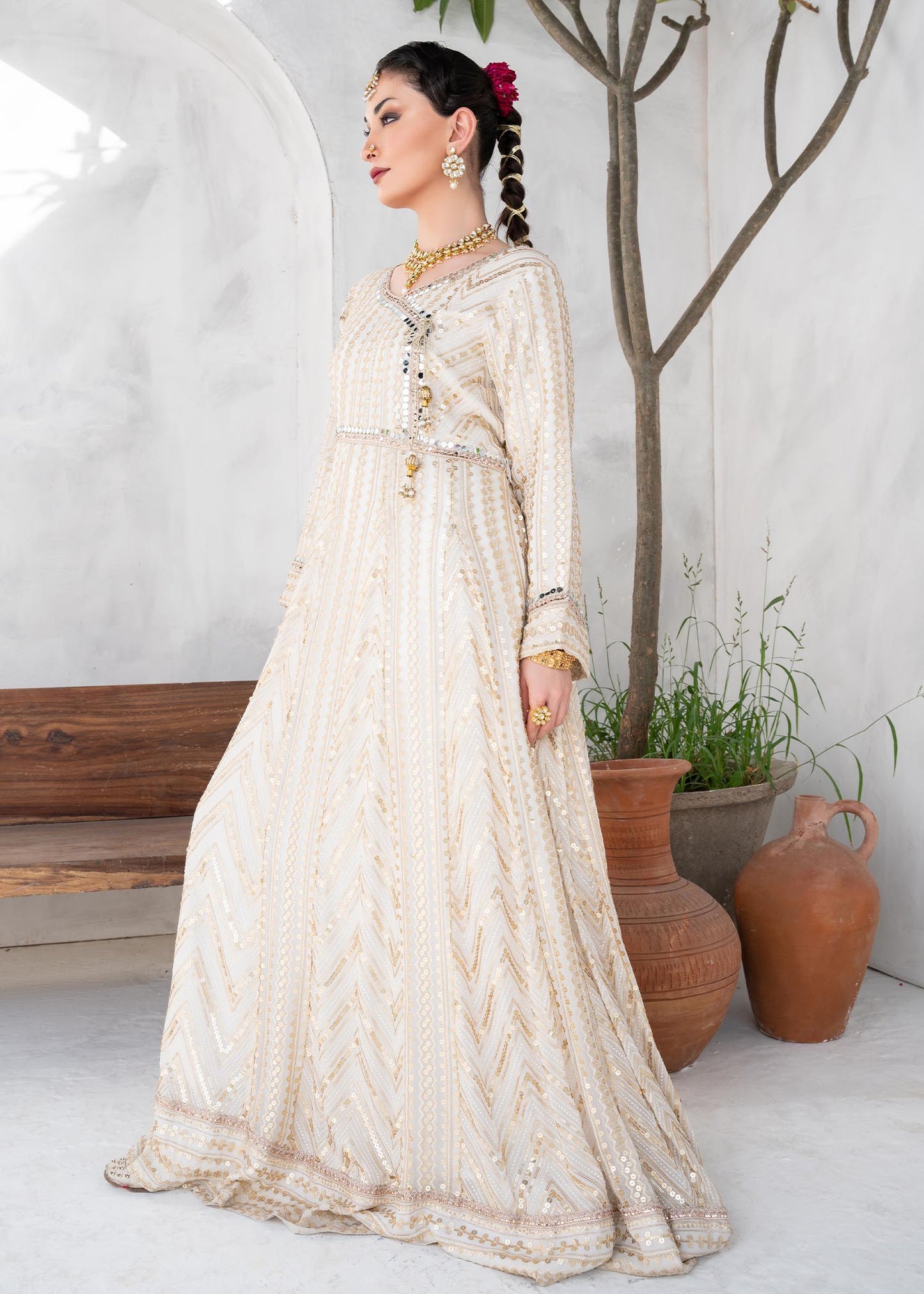 Off-White Chiffon Angrakha Partywear Suit Online in Dubai UAE Abudhabi Ajman Sharjah