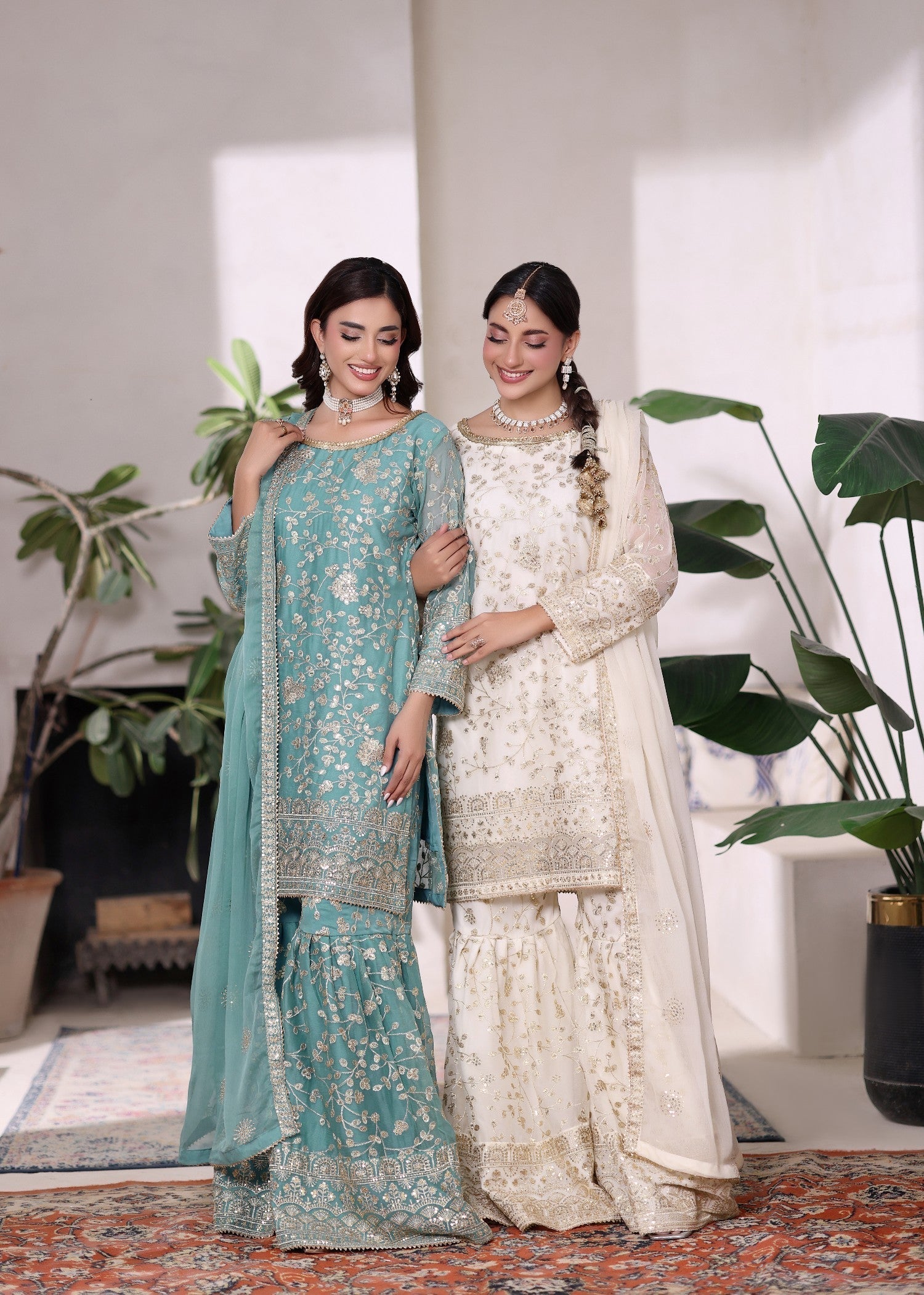 Off White Chiffon Embellished Festive Suit Online in Dubai UAE Abudhabi Ajman Sharjah