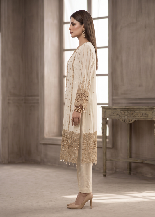 Off-White Chiffon Embroidered 3 Piece Suit Online in Dubai DXB UAE Abudhabi Meena Bazaar