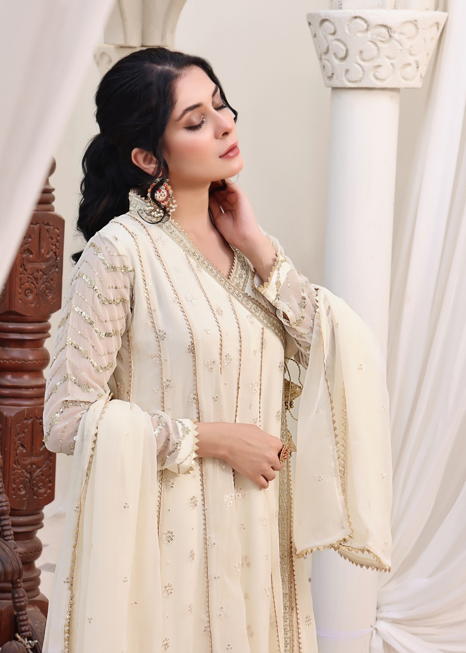 Off-White Chiffon Embroidered Angrakha Maxi Dress Online in Dubai DXB UAE Abudhabi Meena Bazaar