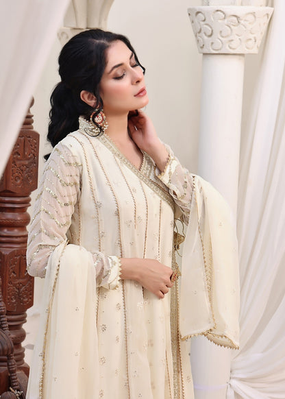 Off-White Chiffon Embroidered Angrakha Maxi Dress Online in Dubai DXB UAE Abudhabi Meena Bazaar