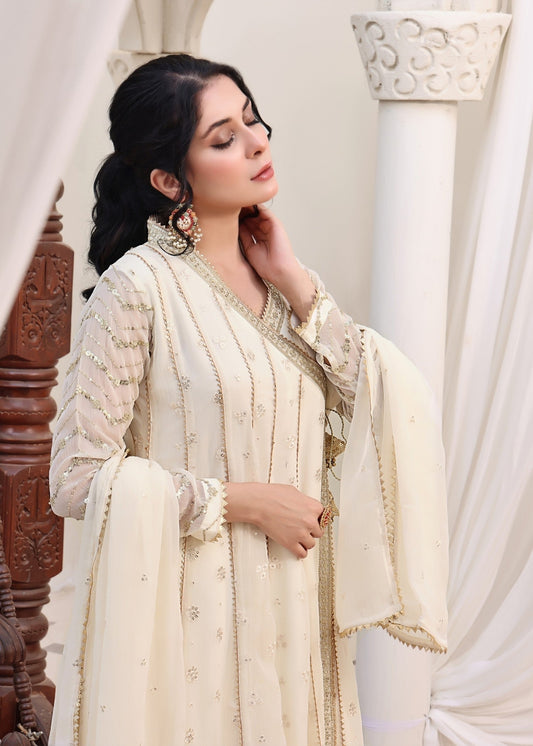 Off-White Chiffon Embroidered Angrakha Maxi Dress Online in Dubai DXB UAE Abudhabi Meena Bazaar