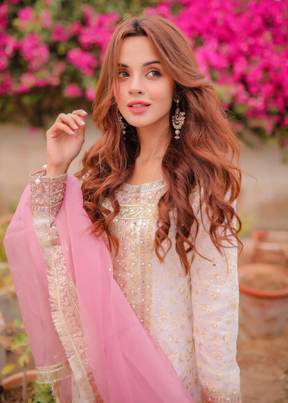 Off-White Chiffon Embroidered Salwar Kameez Online in Dubai DXB UAE Abudhabi Meena Bazaar