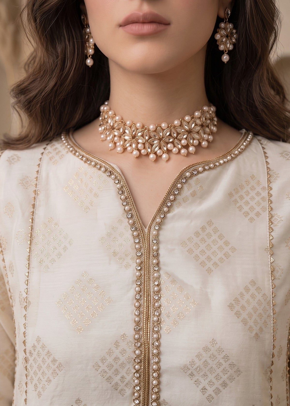 Off-White Cotton Masuri Pishwas Suit Online in Dubai UAE Abudhabi Ajman Sharjah