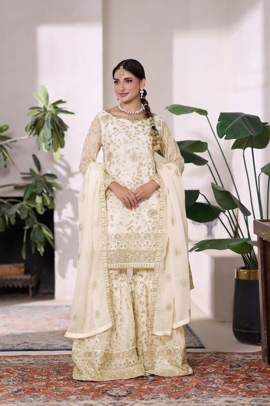 Off White Embellished Chiffon Gharara Suit Online in Dubai UAE Abudhabi Ajman Sharjah