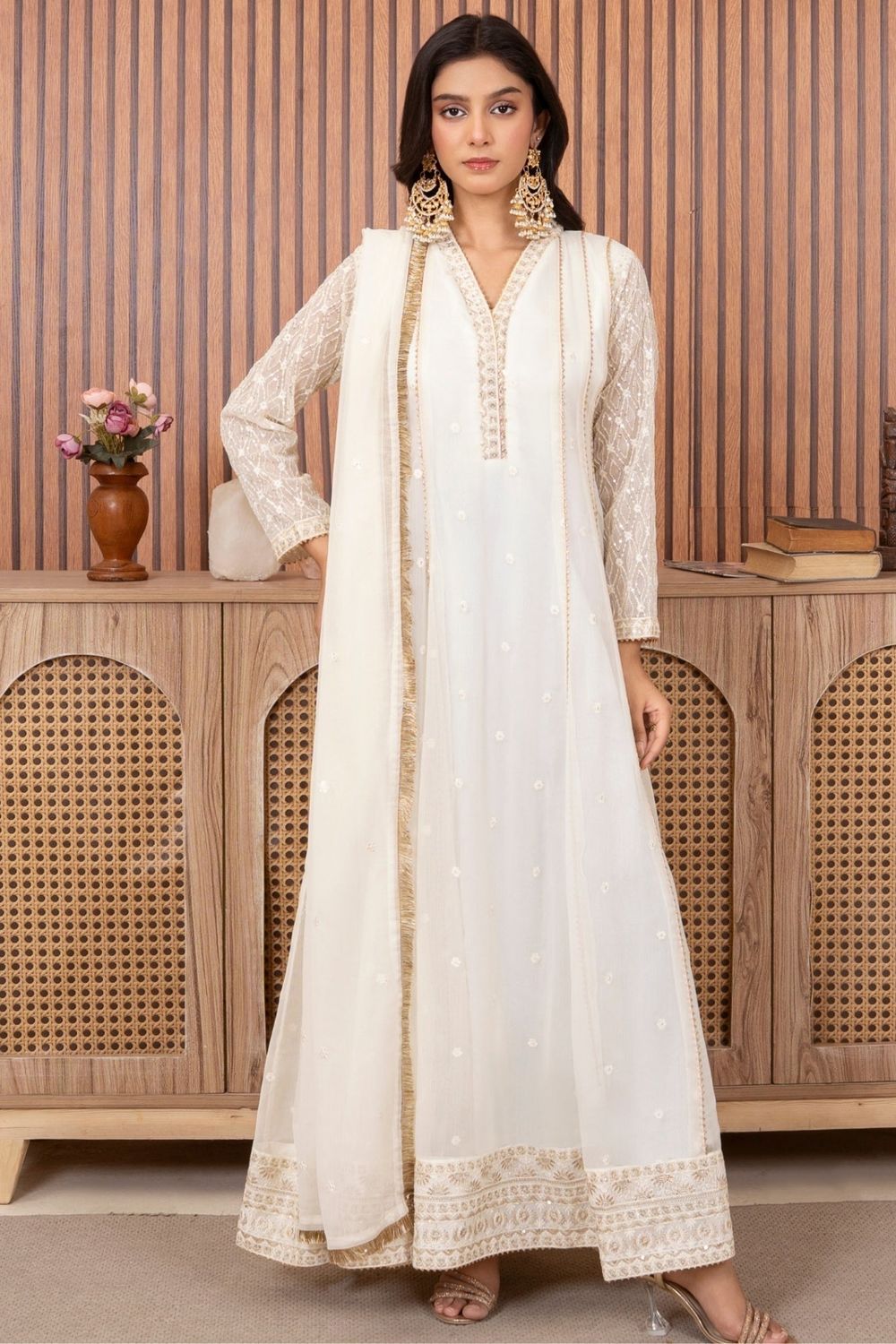 Off White Embellished Chiffon Partywear Salwar Kameez Online in Dubai UAE Abudhabi Ajman Sharjah