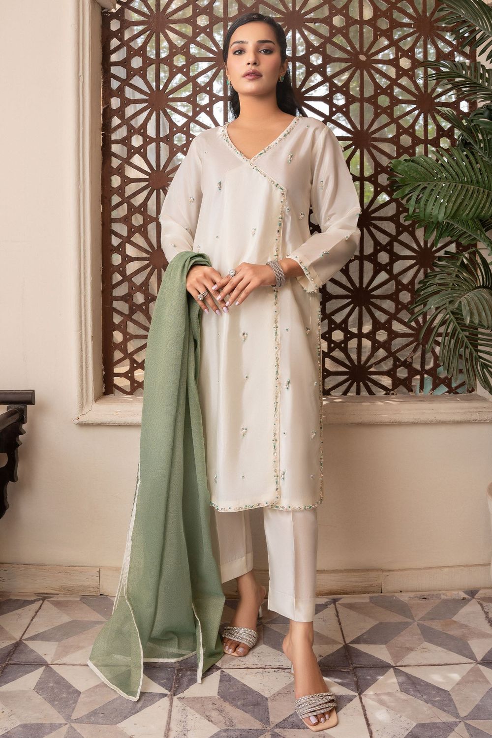 Off-White Embellished Kattan Silk Angrakha Suit Online in Dubai UAE Abudhabi Ajman Sharjah