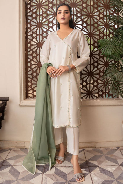 Off-White Embellished Kattan Silk Angrakha Suit Online in Dubai UAE Abudhabi Ajman Sharjah