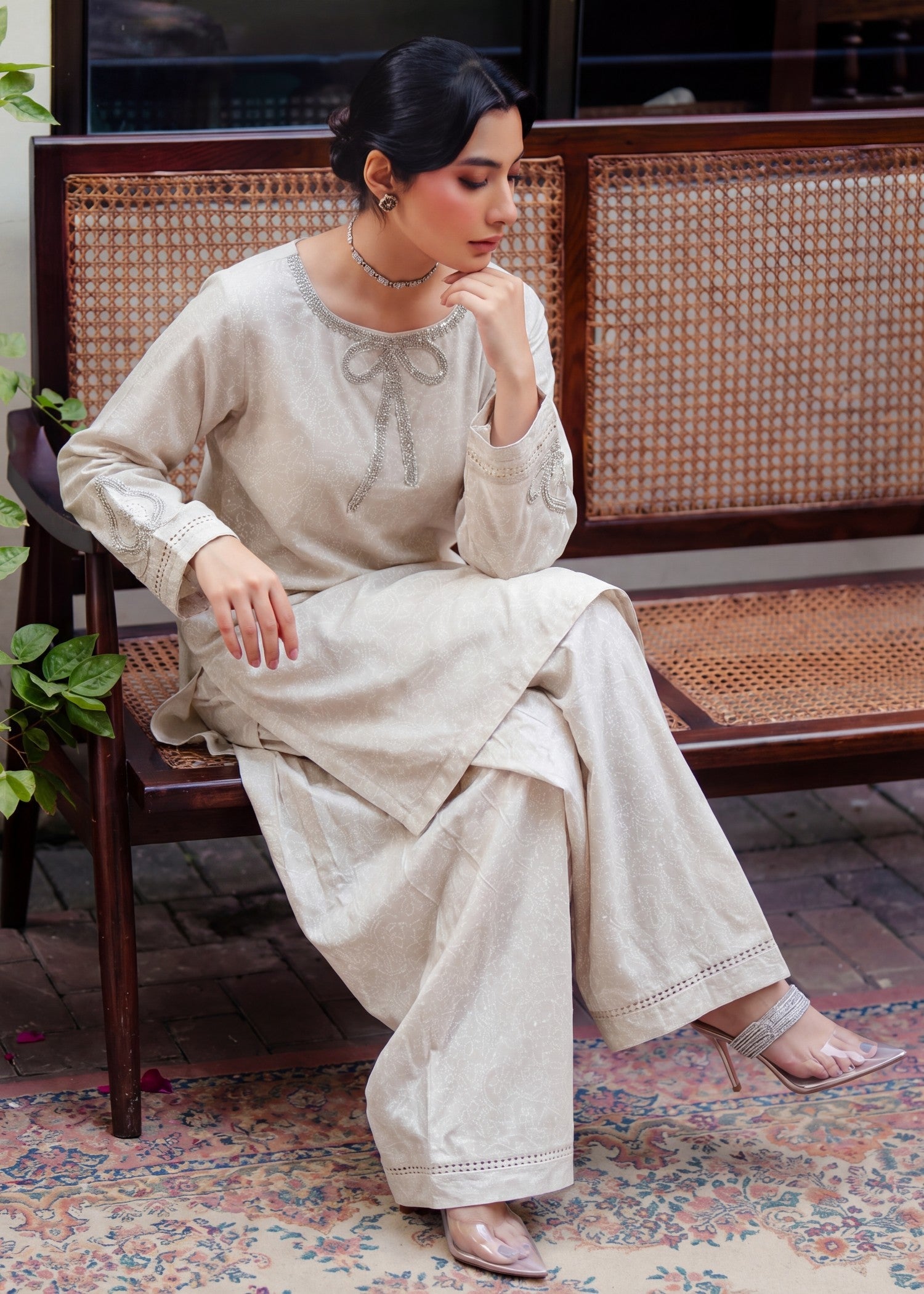 Off-White Embellished Lawn Kurta Shalwar Online in Dubai DXB UAE Abudhabi Meena Bazaar