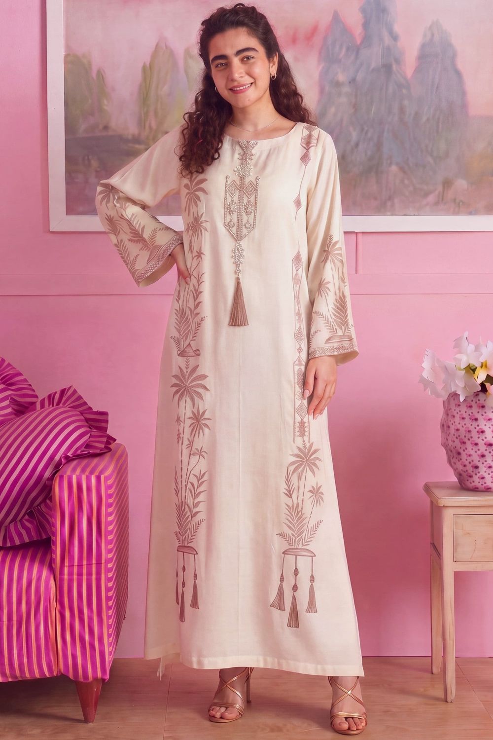 Off-White Embellished Linen Kaftan Online in Dubai UAE Abudhabi Ajman Sharjah