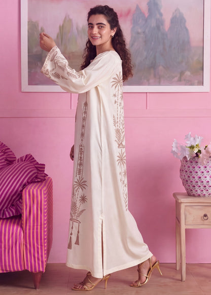 Off-White Embellished Linen Kaftan Winter Wear Online in Dubai UAE Abudhabi Ajman Sharjah