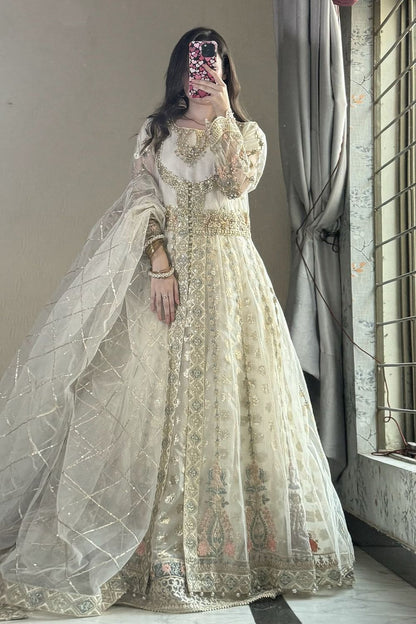 Off-White Embellished Net Festive Partywear Suit Online in Dubai UAE Abudhabi Ajman Sharjah