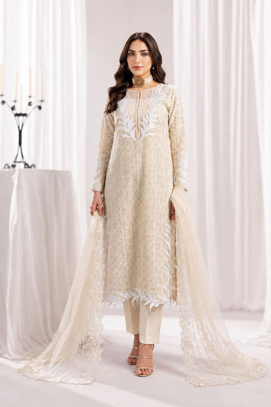 Off-White Embroidered Bemberg Crinkle Chiffon Salwar Kameez Online in Dubai UAE Abudhabi Ajman Sharjah