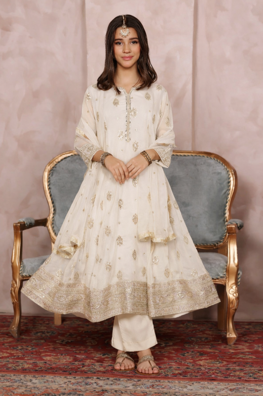 Off White Embroidered Chiffon Flared Pishwas Online in Dubai UAE Abudhabi Ajman Sharjah